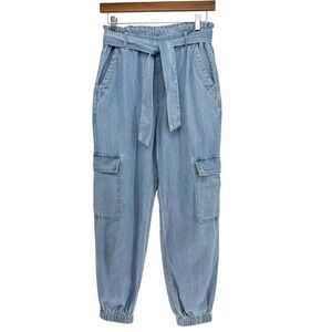 TGLA Women Light Wash Denim Cargo Joggers Size S High Rise Paperbag Waist